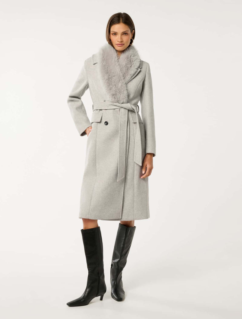 Chelsea Double Breasted Fur Collar Coat Light Grey Marle Forever New