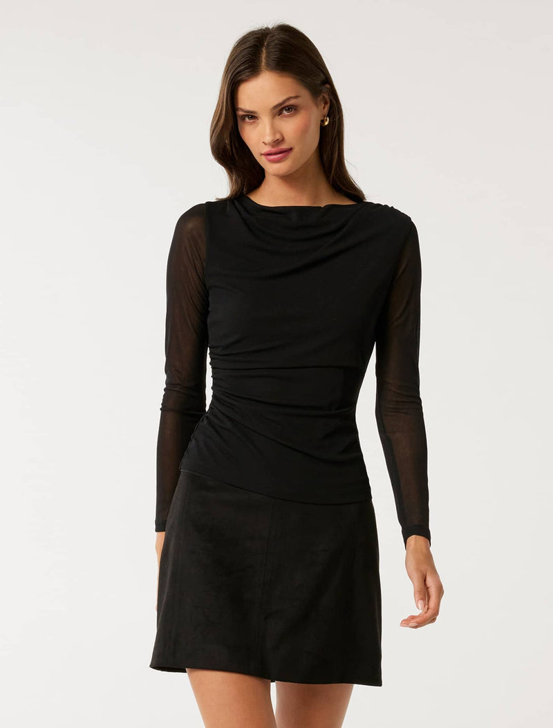 Raegan Ruched Mesh Top Black Forever New