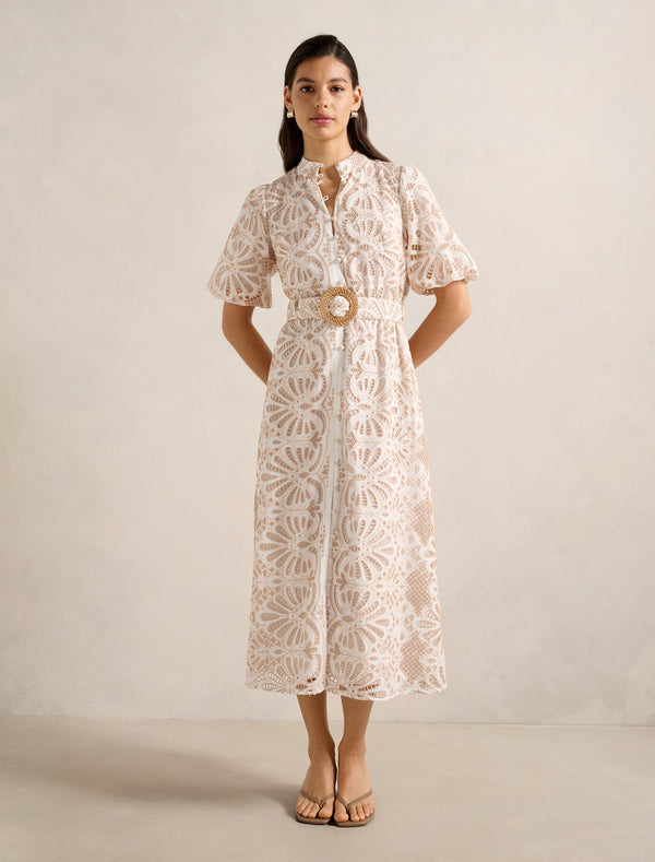 Valencia Broderie Shirt Dress Porcelain And Tan Broderie Forever New
