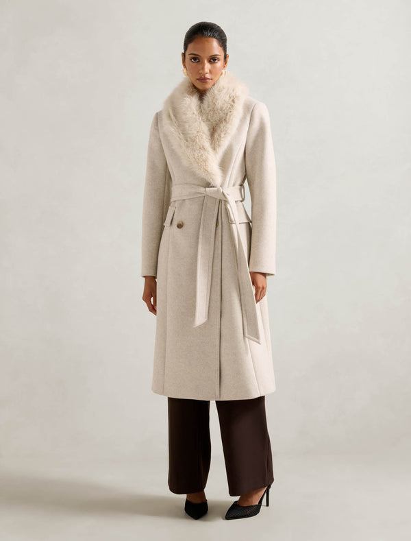 Chelsea Petite Double Breasted Fur Collar Coat Oatmeal Marle Forever New