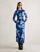 Alannah Mesh Long Sleeve Midi Dress Blue Odella Floral Forever New