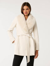 Rocky Fur Collar Wrap Coat Cream Forever New