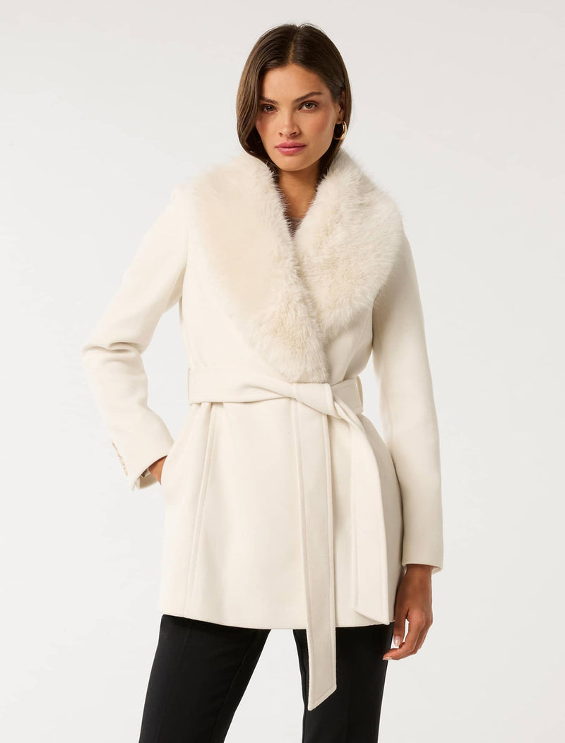 Rocky Fur Collar Wrap Coat Cream Forever New