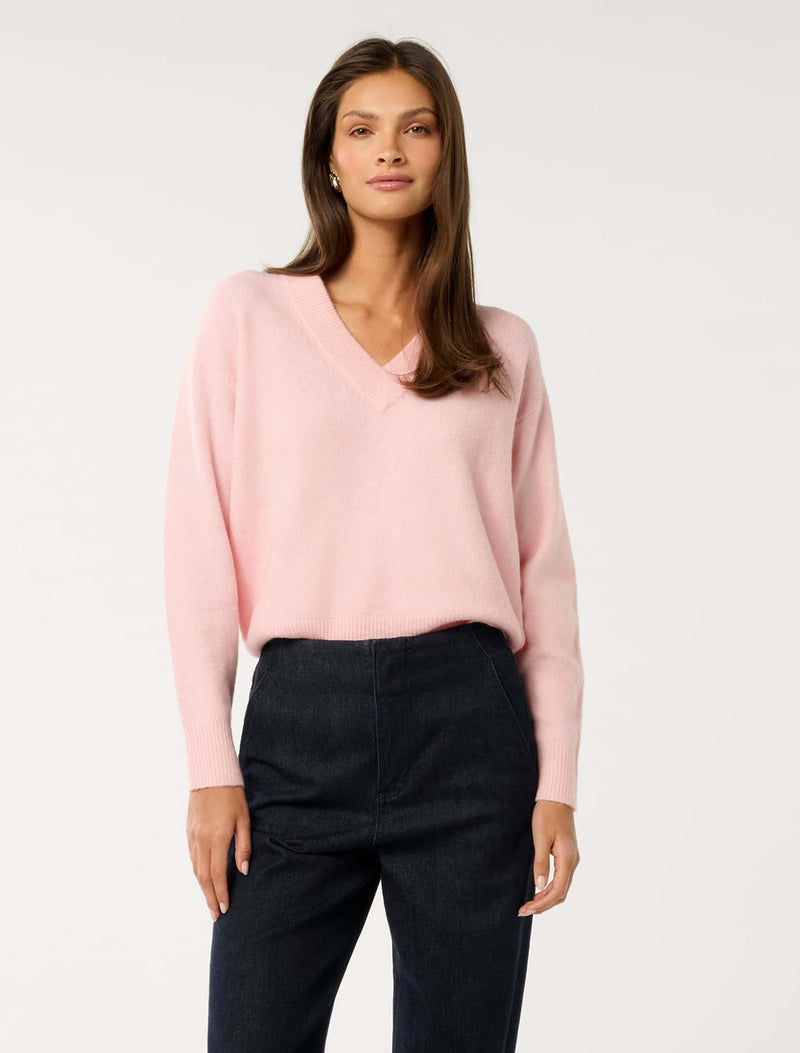 Everley V Neck Sweater Soft Pink Forever New