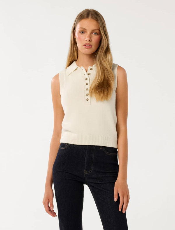 Ashlyn Button Collar Tabard Sweater Cream Forever New