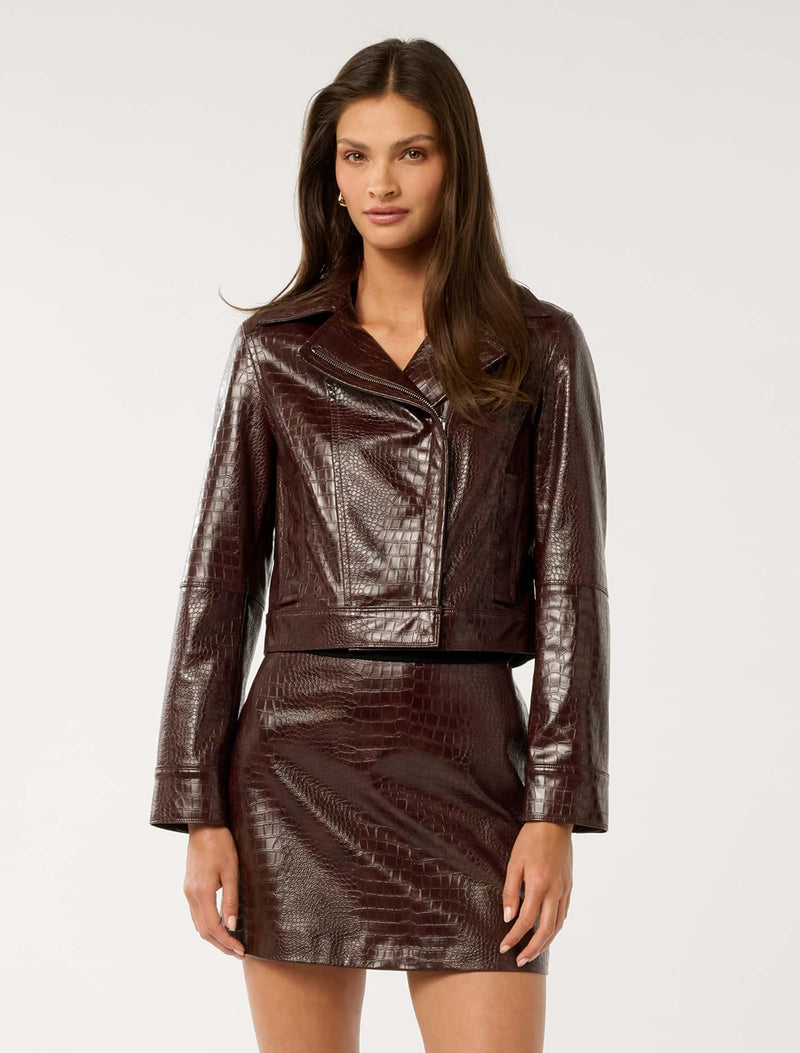 Aurelia Croc Faux Leather Jacket Berry Set Forever New