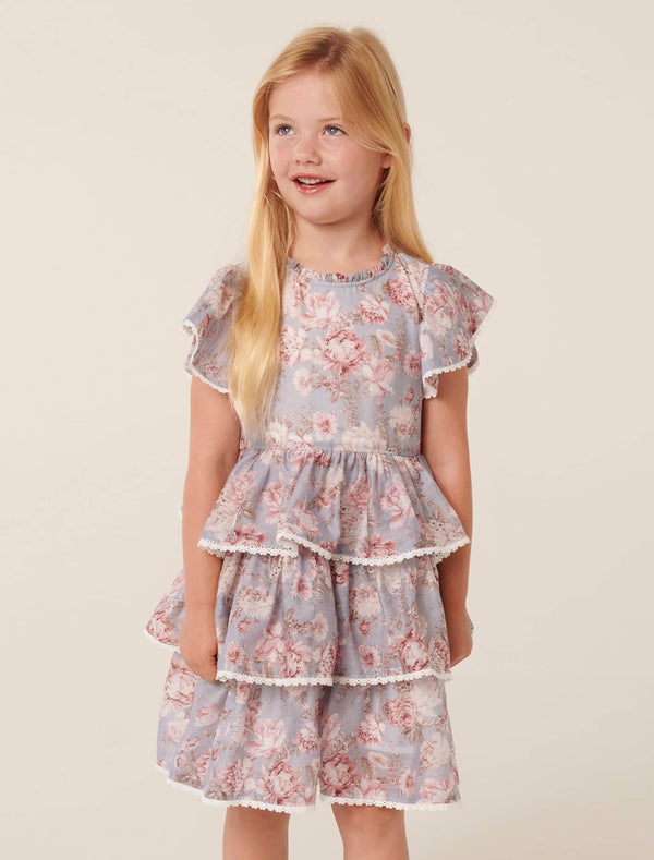 Odette Girls Tiered Mini Dress Blue Austin Floral Forever New