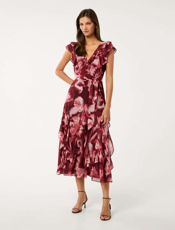 Naya Ruffle Midi Dress Berry Odella Floral Forever New