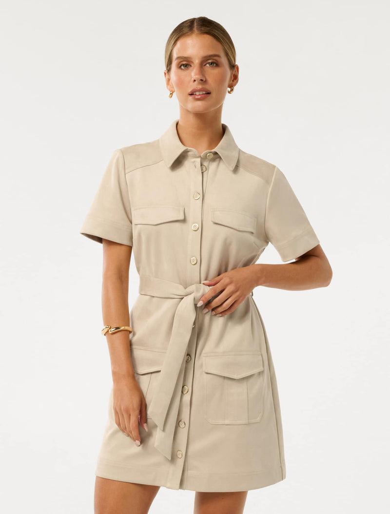 Jupiter Petite Utility Suede Mini Dress Soft Oak Forever New