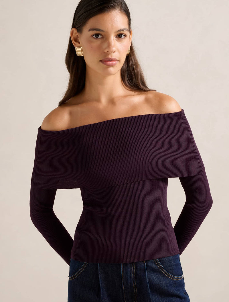 Billie Fold Over Knitted Bardot Sweater Forever New