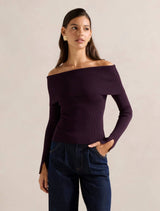Billie Fold Over Knitted Bardot Sweater Mulberry Forever New