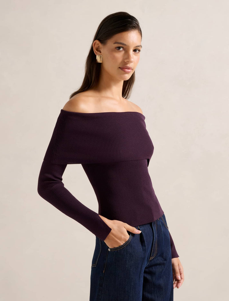 Billie Fold Over Knitted Bardot Sweater Forever New