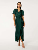 Chelsea Flutter Sleeve Satin Maxi Dress Forest Moss Forever New