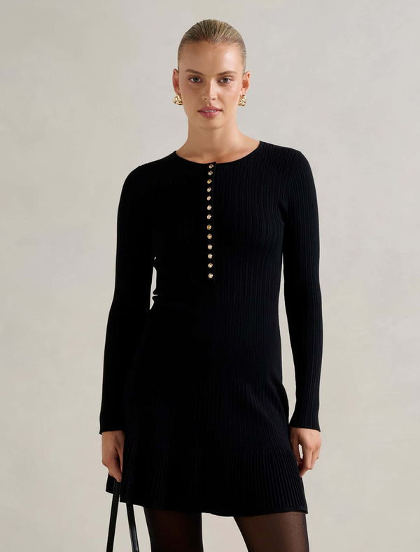 Louise Button Through Knit Mini Dress Black Forever New