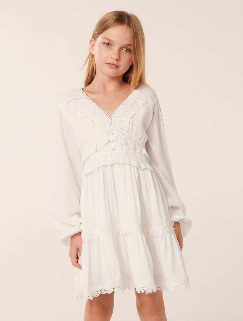 Everly Teen Lace Trim Dress White Cloud Forever New