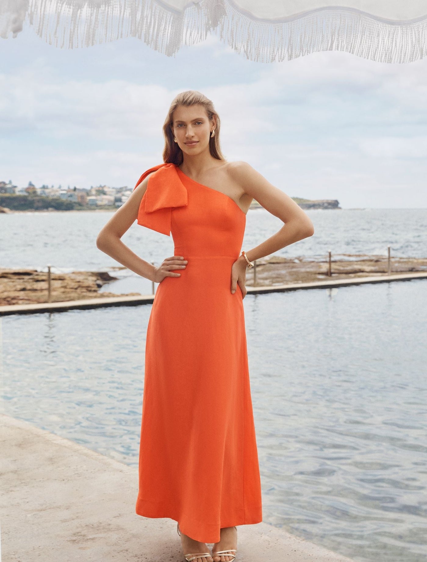 strapless open back dress Danni Asym Bow Midi Dress Orange Fire
