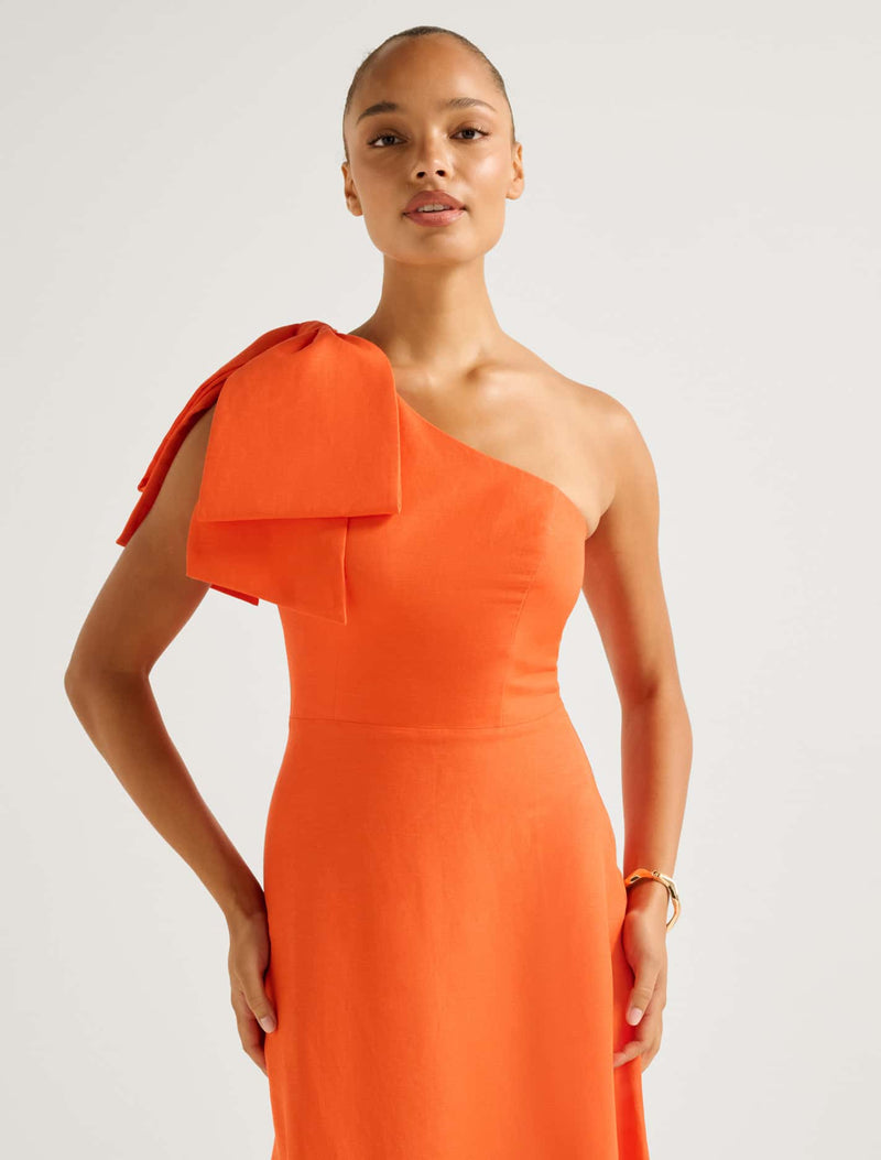 Danni Asym Bow Midi Dress Orange Fire