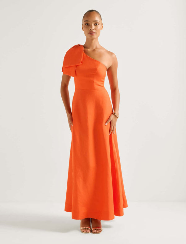 Danni Asym Bow Midi Dress Orange Fire Forever New