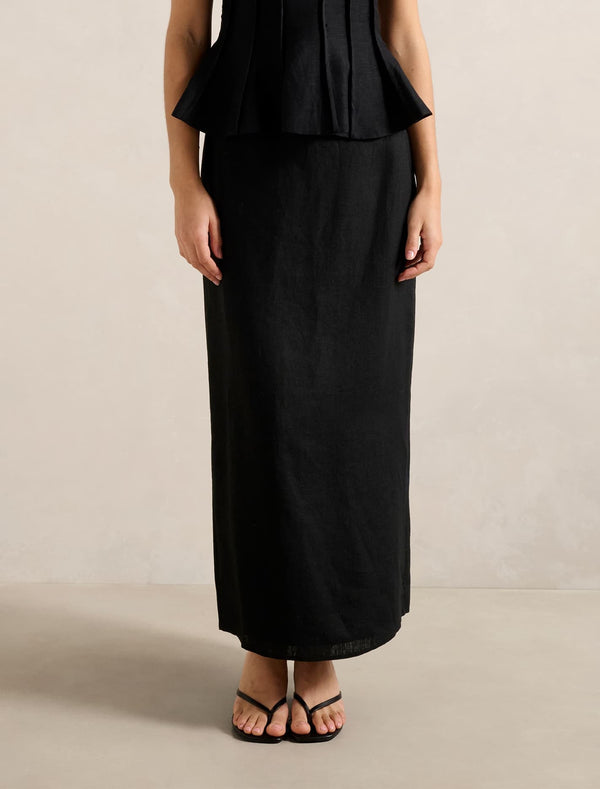 Maggie Linen Column Maxi Skirt Black Forever New