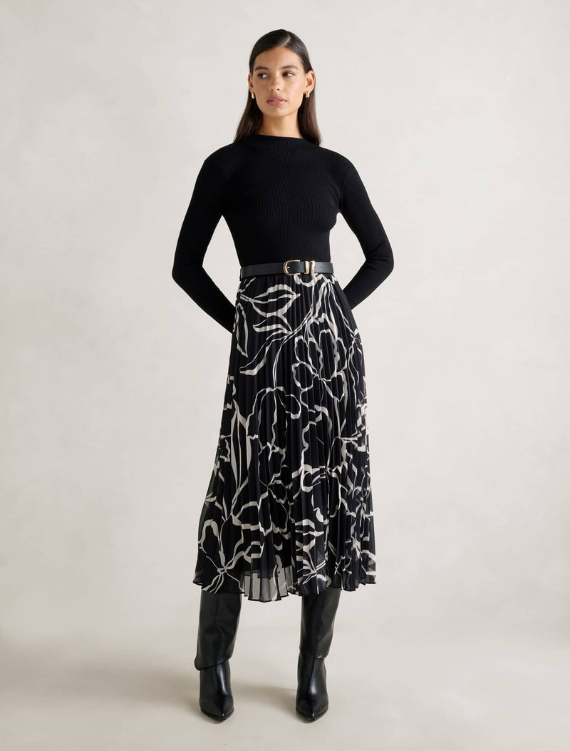 Ayla Print Pleated Midi Dress Black Myra Floral Forever New