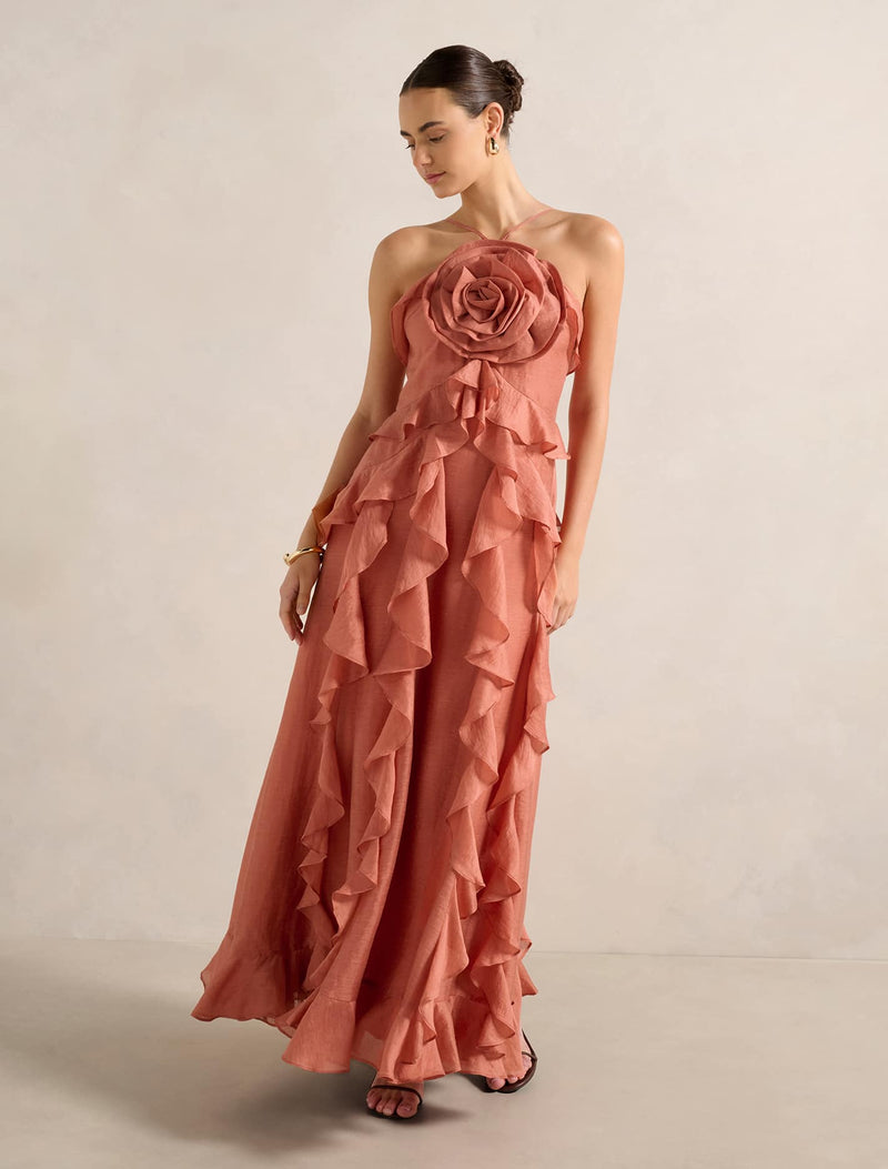 Celestia Flower Ruffle Midi Dress Burnt Sienna Forever New