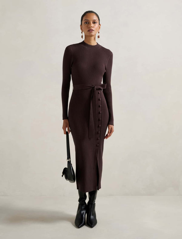 Kiara Petite Button Detail Midi Dress Chocolate Forever New