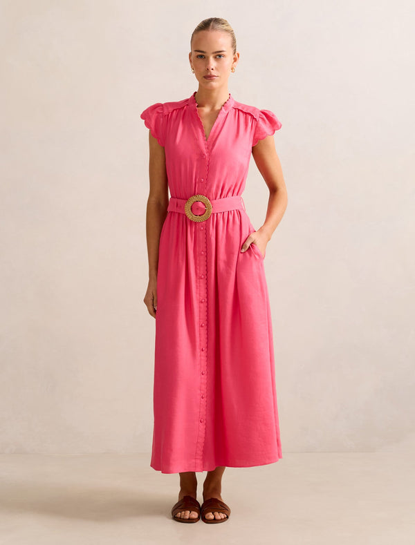 Serafina Scallop Edge Linen Midi Dress Cotton Candy Forever New
