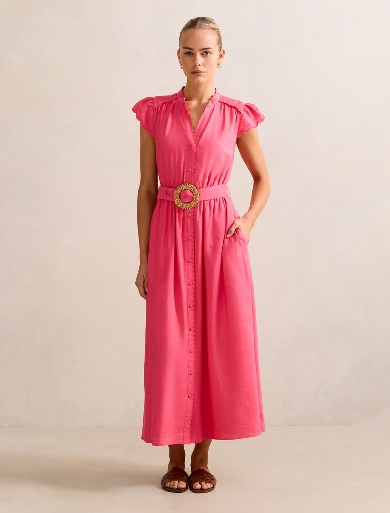 Serafina Scallop Edge Linen Midi Dress Cotton Candy Forever New