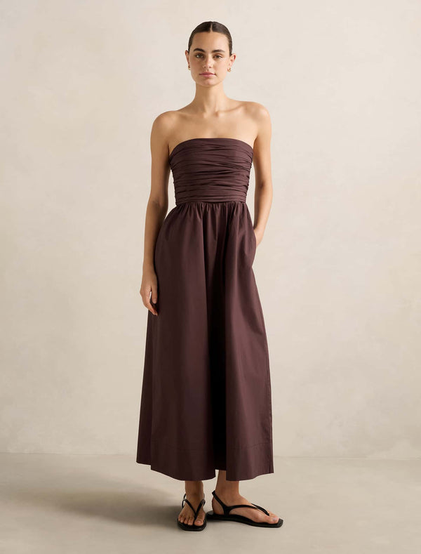 Matisse Ruched Cotton Halter Midi Dress Chocolate Forever New