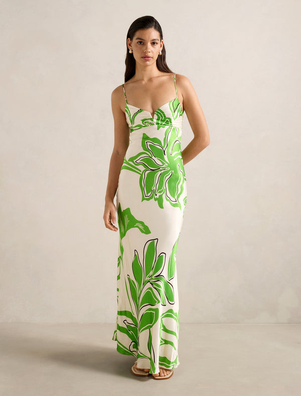 Sloane Printed Satin Maxi Dress Green Mora Forever New