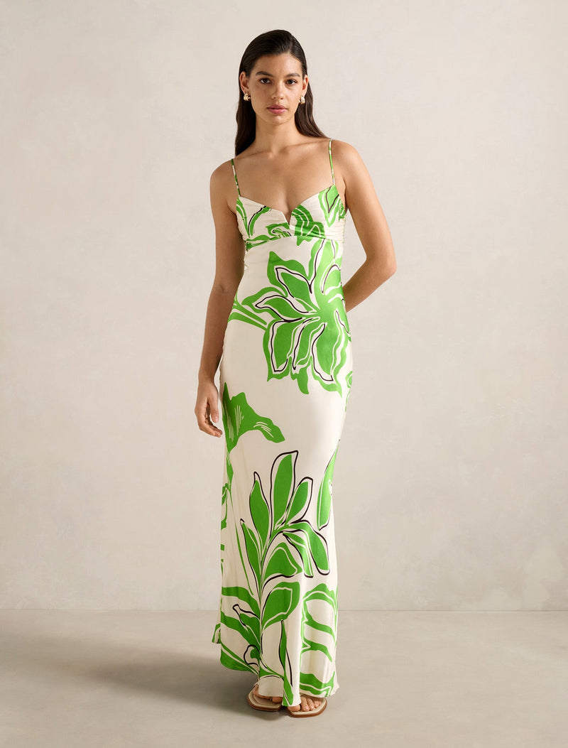 Sloane Printed Satin Maxi Dress Green Mora Forever New