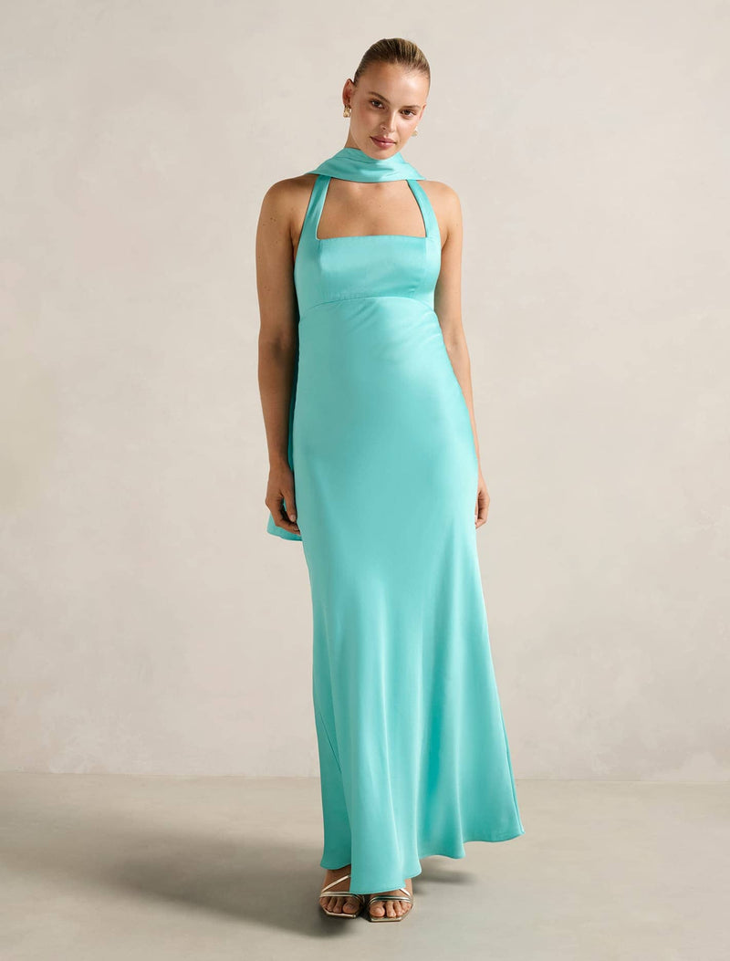 April Open Back Satin Maxi Dress Aqua Breeze | Forever New April Open Back Satin Maxi Dress Aqua Breeze | Forever New