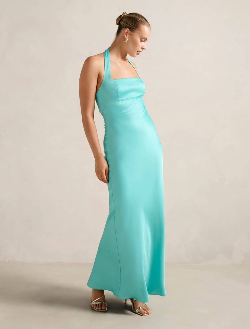 aqua satin maxi dress Avec Les Filles Women's V-Neck Laced-Up Bias Cut Gown Dress - Aqua