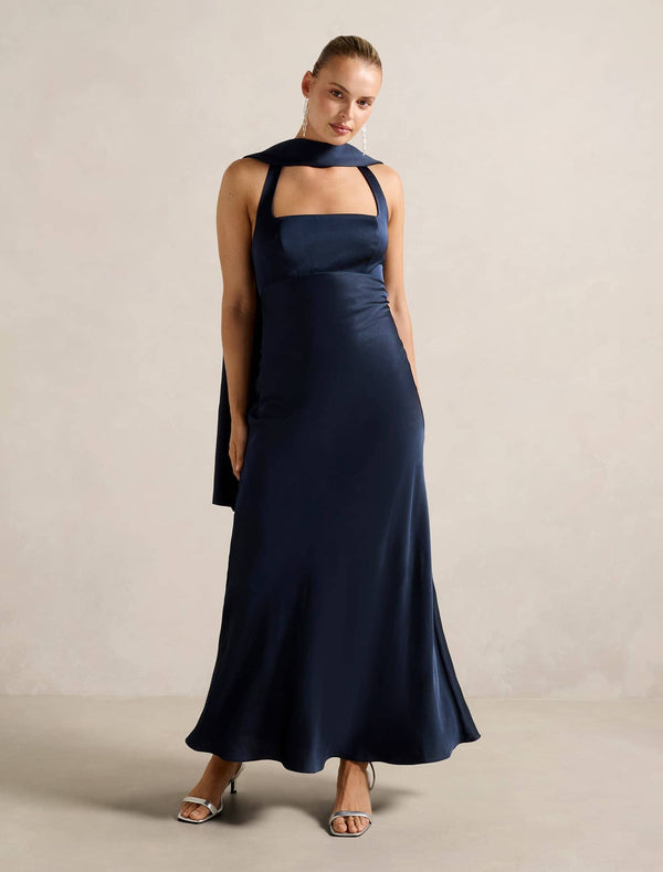 April Open Back Satin Maxi Dress Navy Forever New