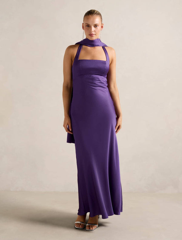 April Open Back Satin Maxi Dress Royal Purple Forever New