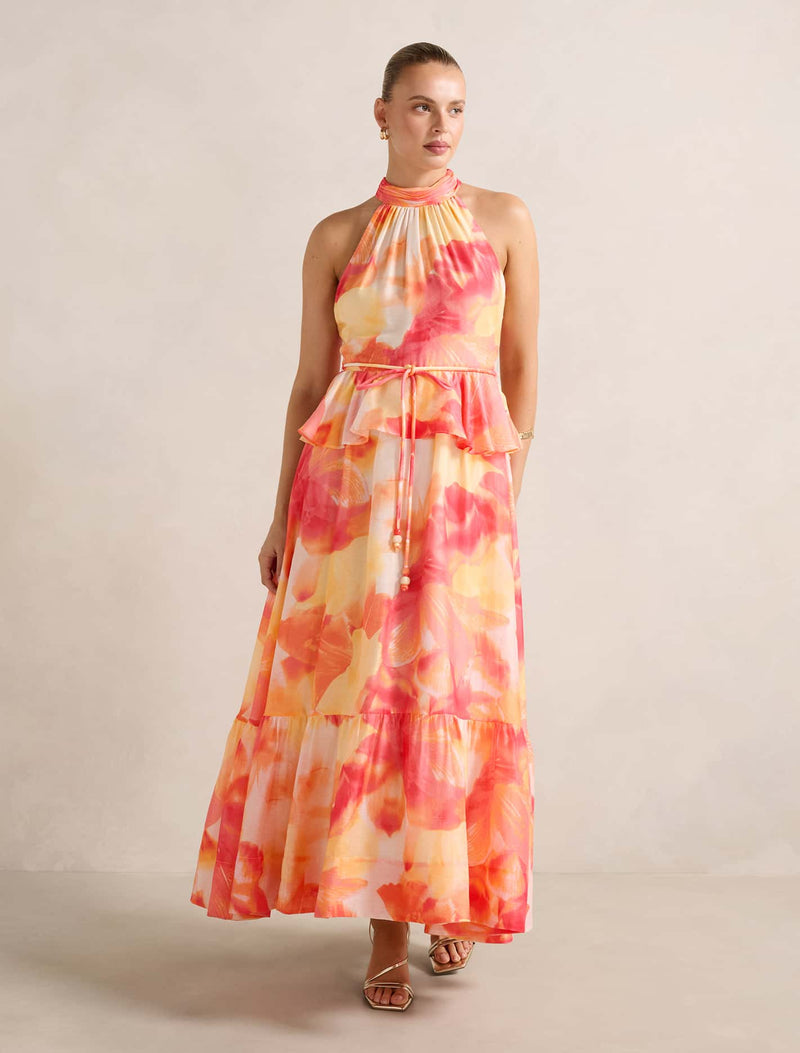 Serena Halter Peplum Maxi Dress Sunset Vida Floral | Forever New Serena Halter Peplum Maxi Dress Sunset Vida Floral | Forever New