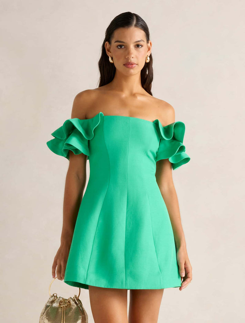 Kenzie Off Shoulder Ruffle Mini Dress Holly Green | Forever New Kenzie Off Shoulder Ruffle Mini Dress Holly Green | Forever New