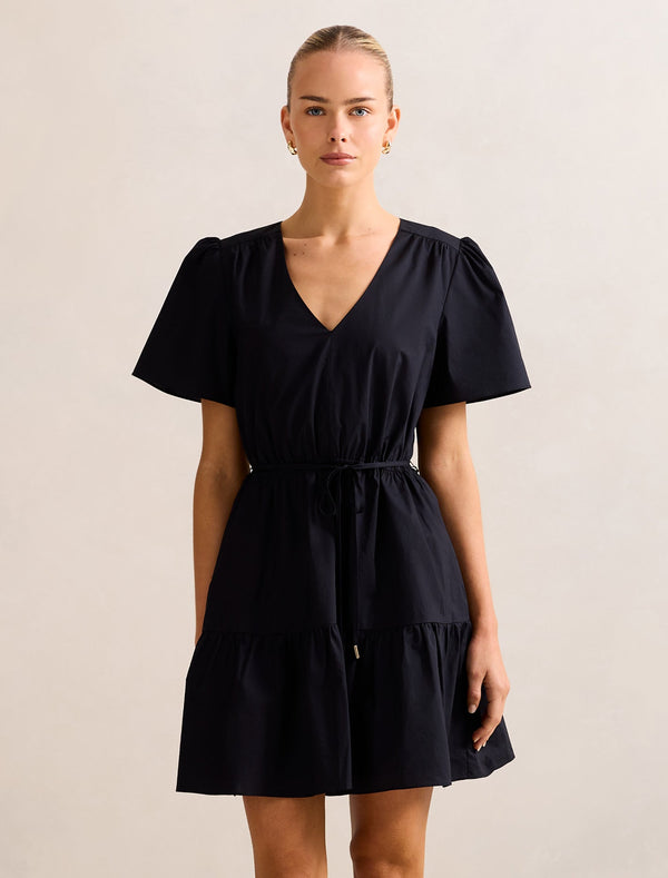 Hattie Short Sleeve Cotton Mini Dress Black Forever New