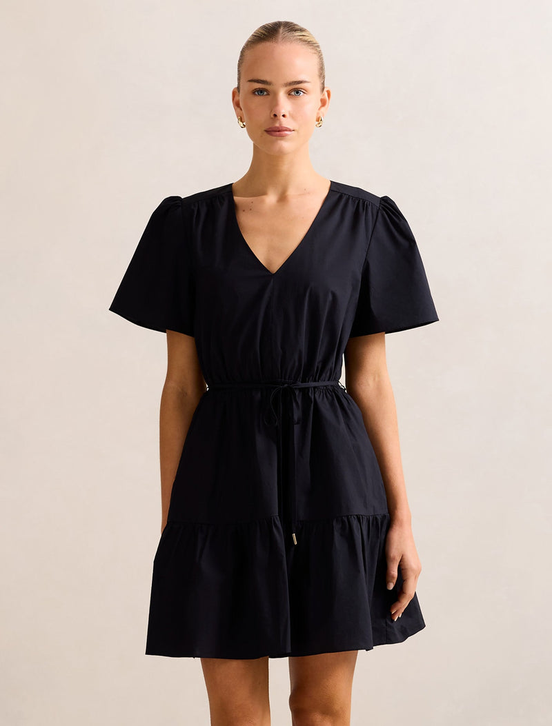 Hattie Short Sleeve Cotton Mini Dress Black Forever New