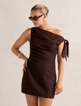Cinzia Tipped Shoulder Linen Mini Dress Chocolate Forever New