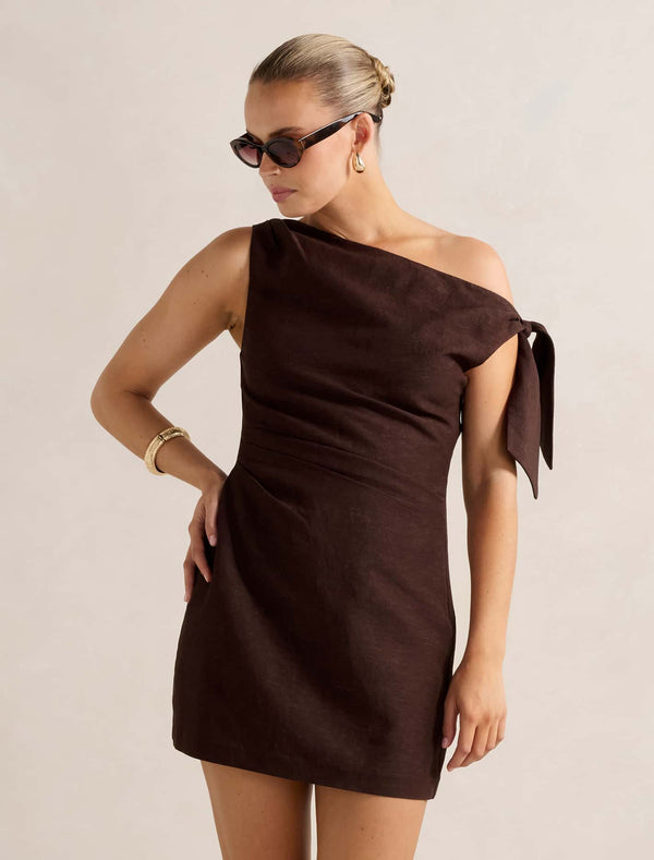 Cinzia Tipped Shoulder Linen Mini Dress Chocolate Forever New