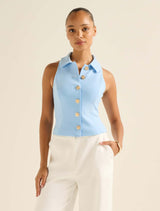 Tilly Button Detail Halter Top Sky Blue Forever New