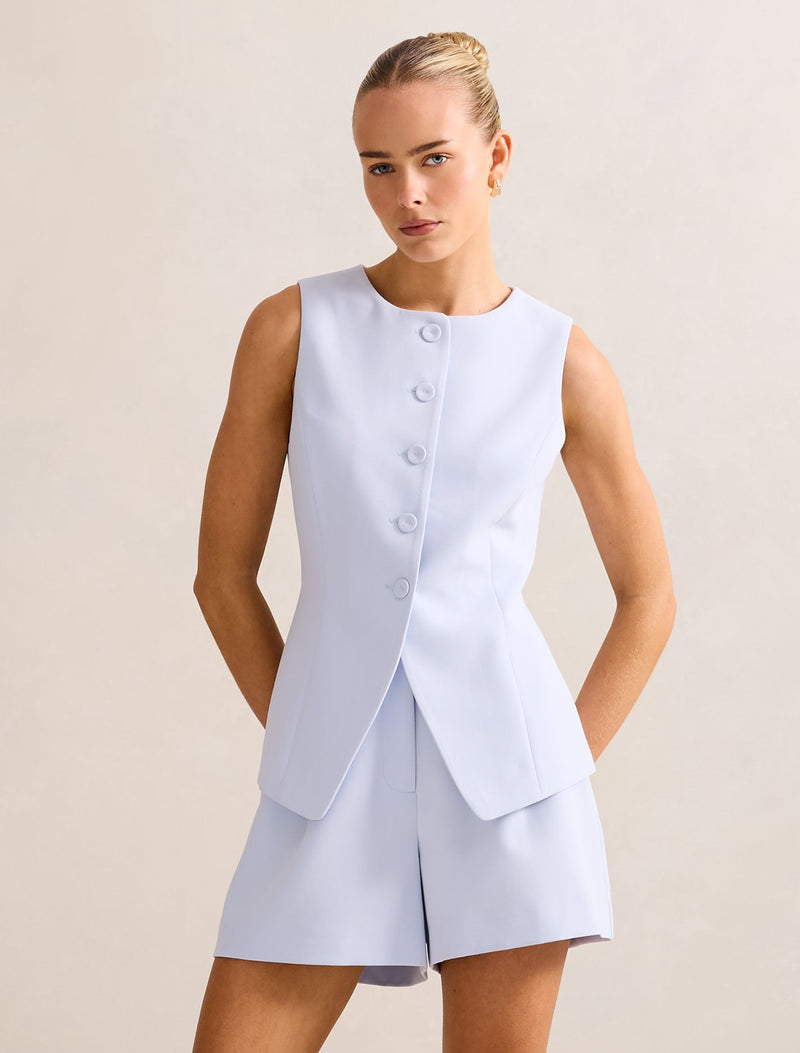 Chloe High Neck Waistcoat Cloud Blue Suit Forever New