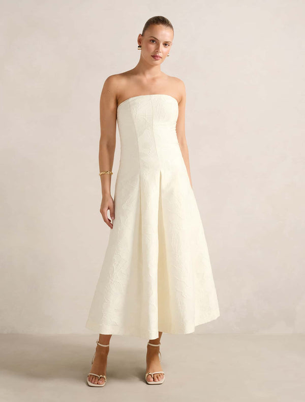 Lottie Strapless Jacquard Midi Dress Porcelain Forever New