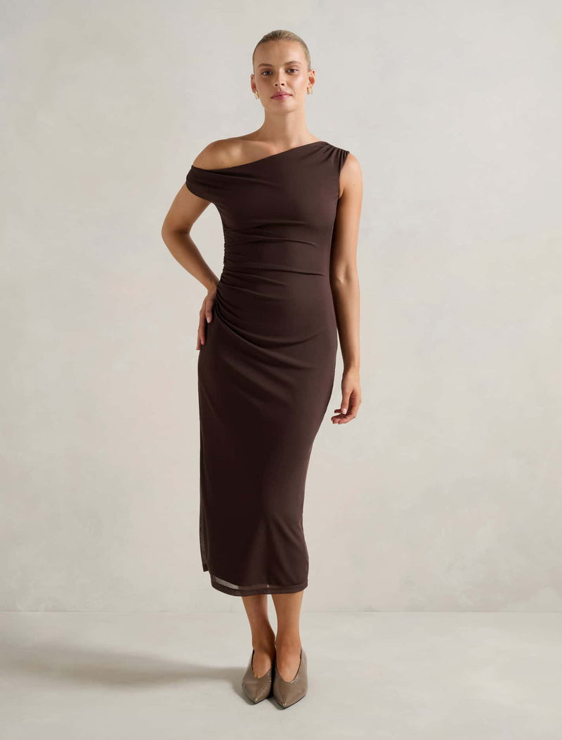 Gisella Tipped Mesh Midi Dress Chocolate Forever New