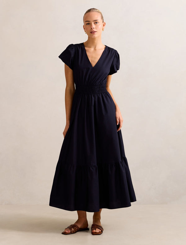 Mara Puff Sleeve Cotton Midi Dress Navy Forever New