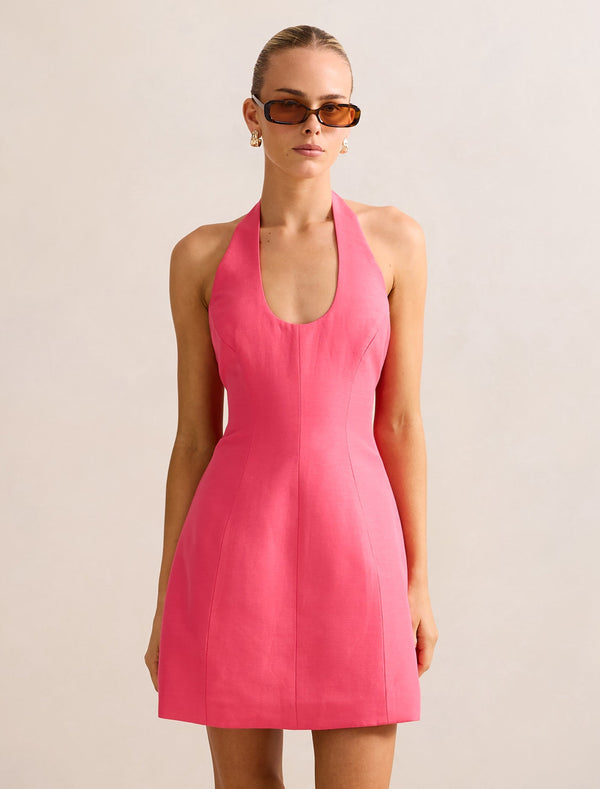 Esther U-Neck Halter Linen Mini Dress Cotton Candy Forever New