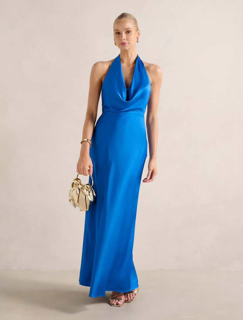 Becca Cowl Halter Satin Dress Vivid Azure | Forever New Becca Cowl Halter Satin Dress Vivid Azure | Forever New
