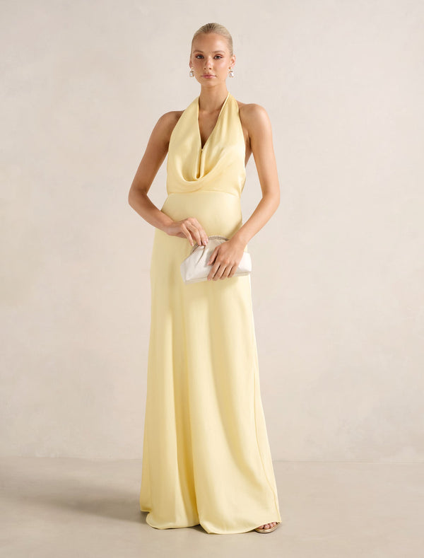 Becca Cowl Halter Satin Dress Soft Yellow Forever New