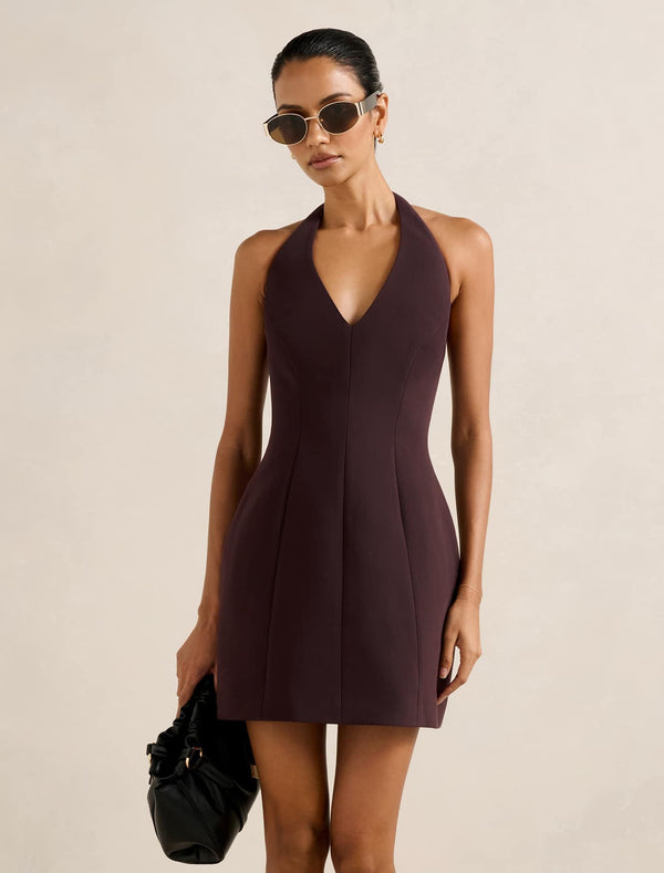 Riley Petite Structured Halter Mini Dress Chocolate Forever New